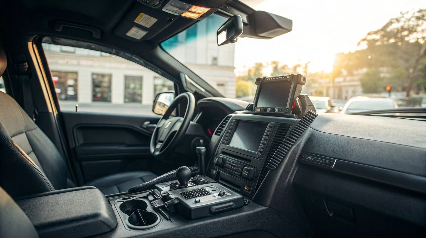 Custom law enforcement center console with modular panels and integrated power