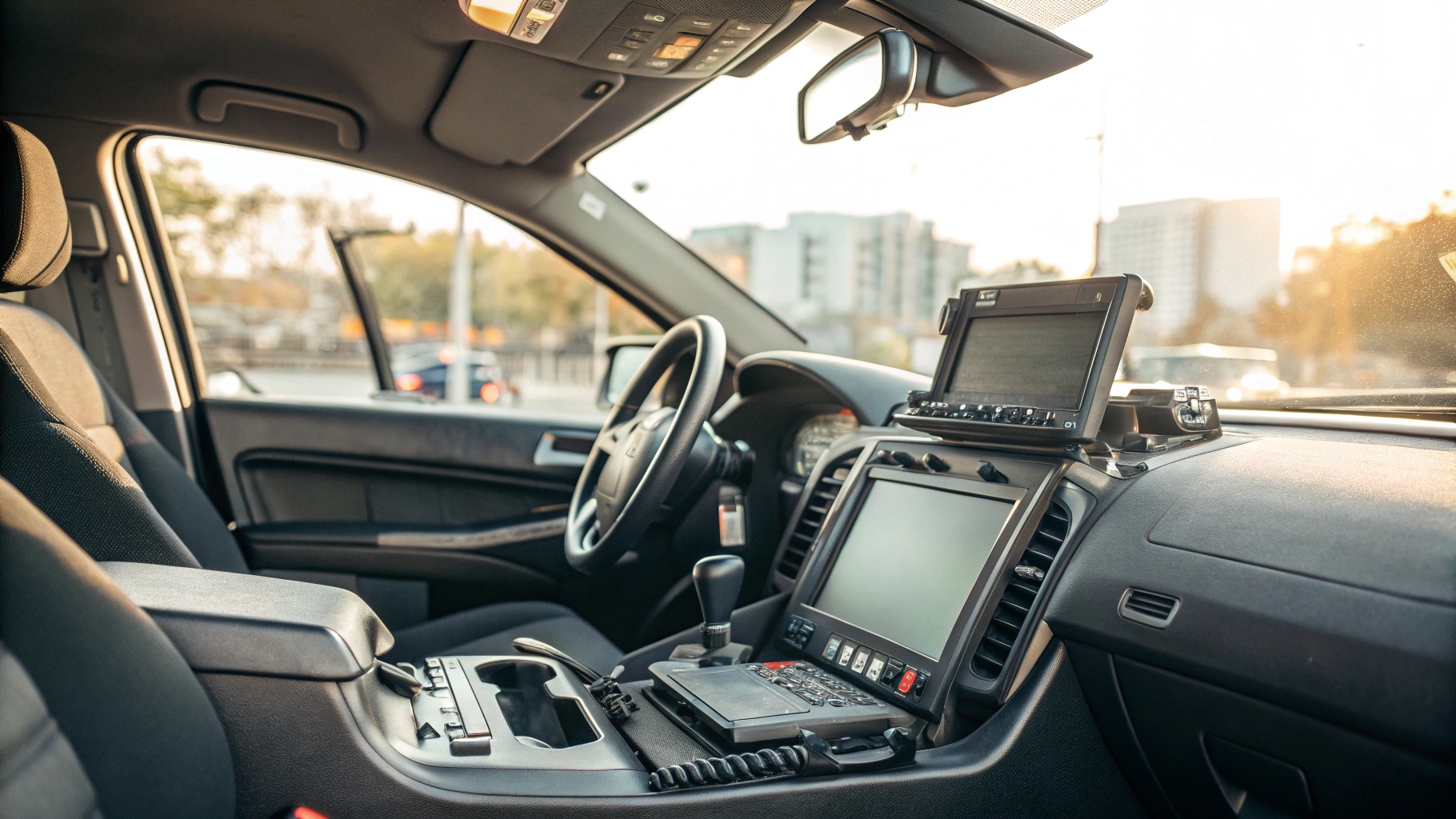 Police center console with radio, siren controls, and MDT mounted for patrol vehicle